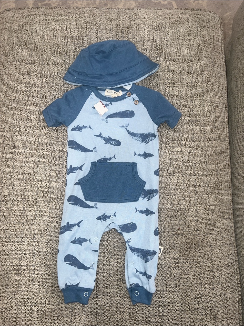 Blue Whale & Shark Print One-Piece Footie with Hat